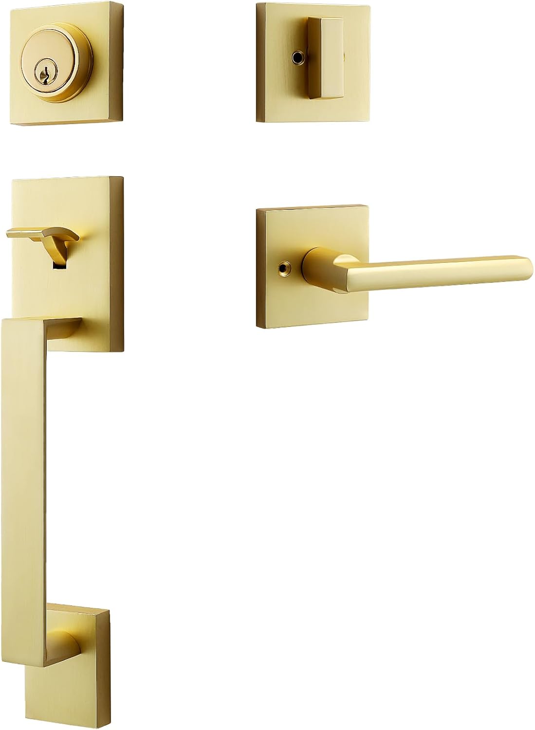 Modern Satin-Brass Front Door-Handle - Entry Door Lock with Single Cylinder Deadbolt,Exterior Door Lever Set 3 Keys,Reversible for Left and Right Hand Door