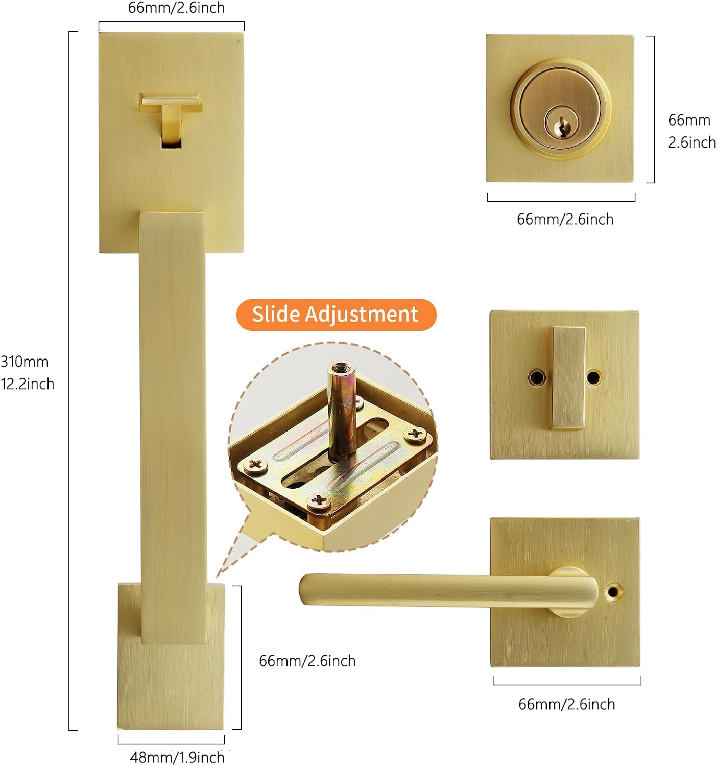 Modern Satin-Brass Front Door-Handle - Entry Door Lock with Single Cylinder Deadbolt,Exterior Door Lever Set 3 Keys,Reversible for Left and Right Hand Door