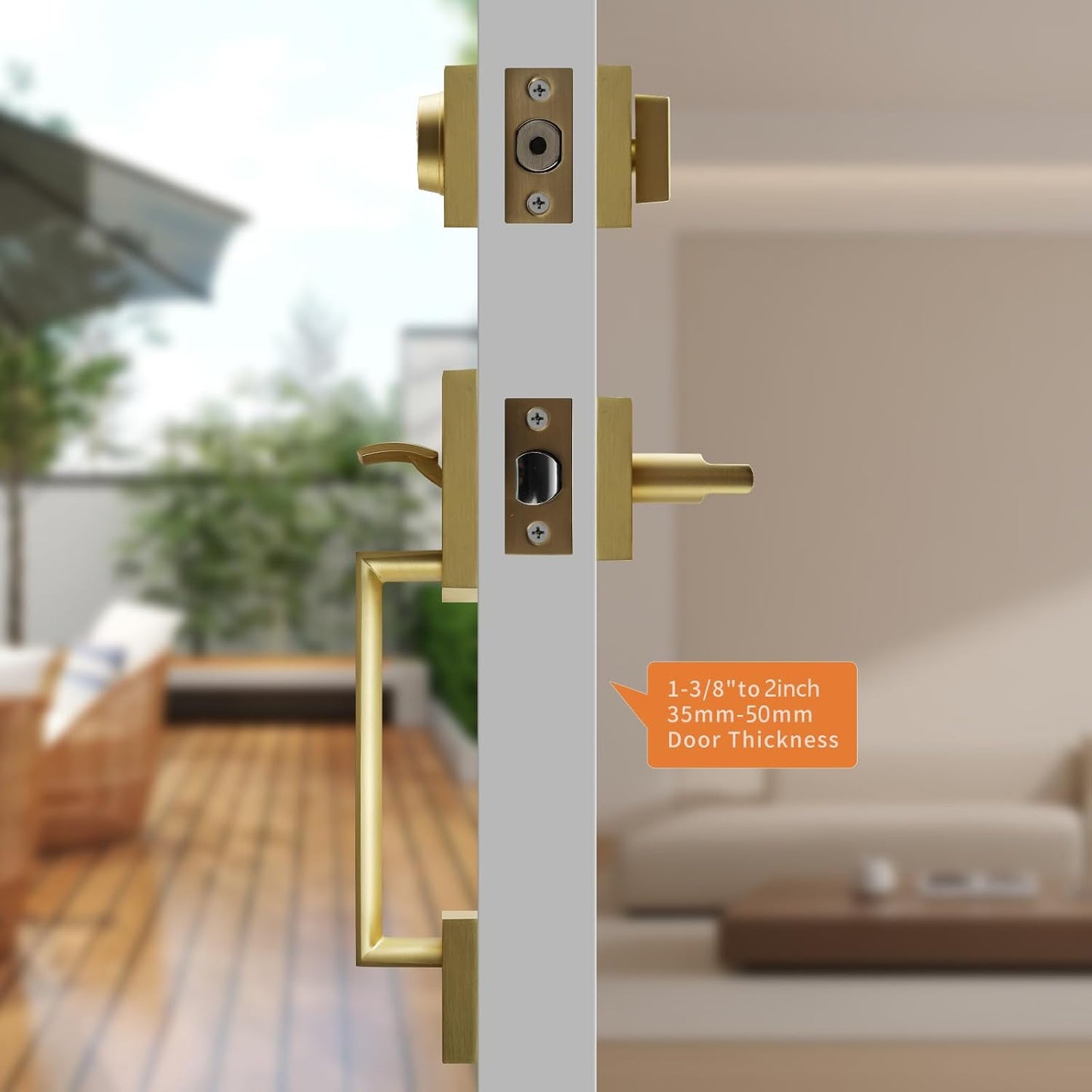 Modern Satin-Brass Front Door-Handle - Entry Door Lock with Single Cylinder Deadbolt,Exterior Door Lever Set 3 Keys,Reversible for Left and Right Hand Door