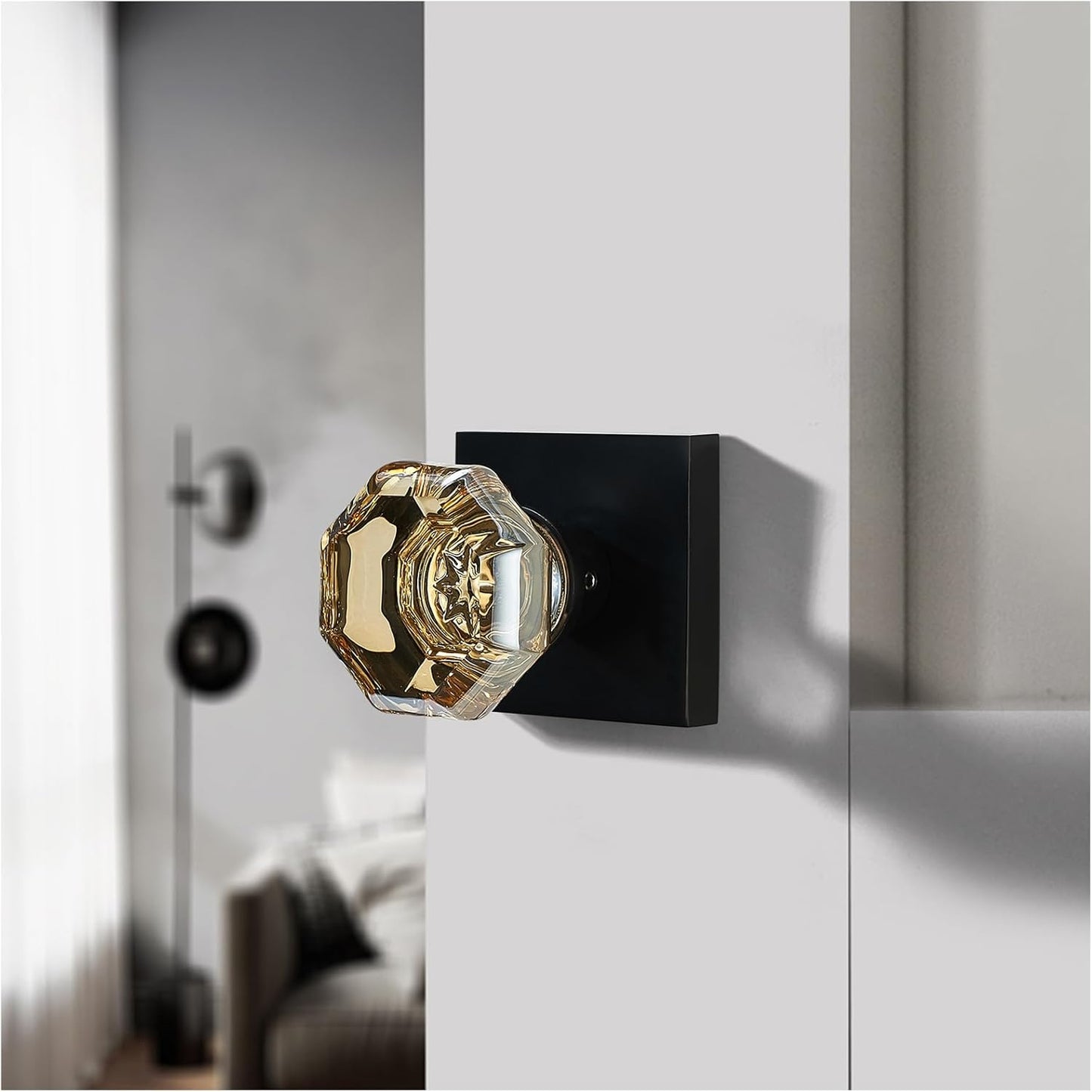 hampagne Gold Crystal Door Knob with Matte Black Square Rosette – Elegant Octagonal Privacy Handle Set for Bedroom, Bathroom, Closet – Vintage Glass Interior Door Lock for Home Decor