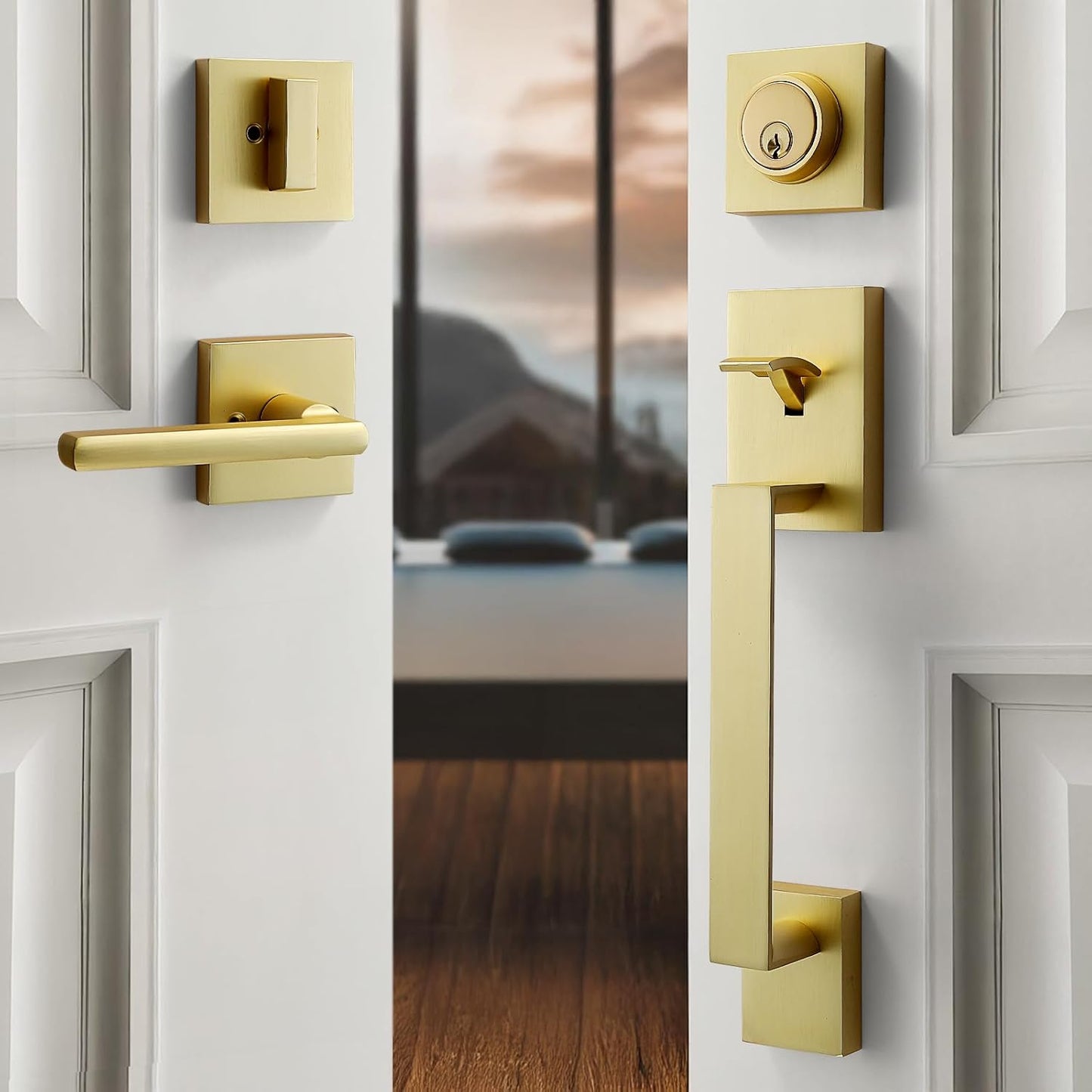 Modern Satin-Brass Front Door-Handle - Entry Door Lock with Single Cylinder Deadbolt,Exterior Door Lever Set 3 Keys,Reversible for Left and Right Hand Door