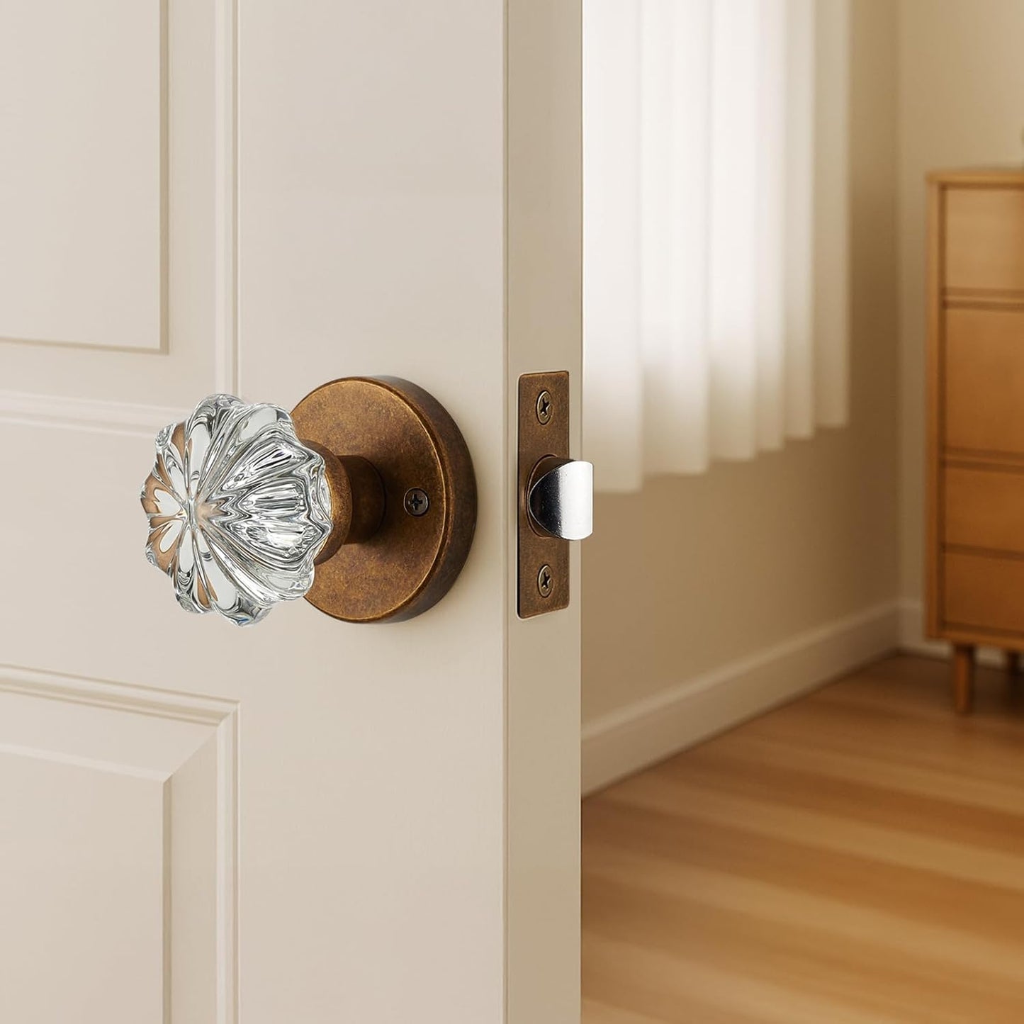 Aged Brass Crystal Passage Door Knob – Vintage Glass Interior Door Handle, Elegant Gold Hardware for Hallway, Closet, and Pantry