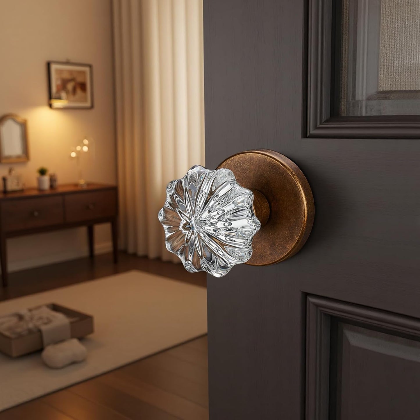 Aged Brass Crystal Passage Door Knob – Vintage Glass Interior Door Handle, Elegant Gold Hardware for Hallway, Closet, and Pantry