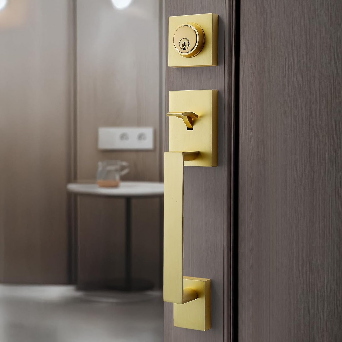 Modern Satin-Brass Front Door-Handle - Entry Door Lock with Single Cylinder Deadbolt,Exterior Door Lever Set 3 Keys,Reversible for Left and Right Hand Door