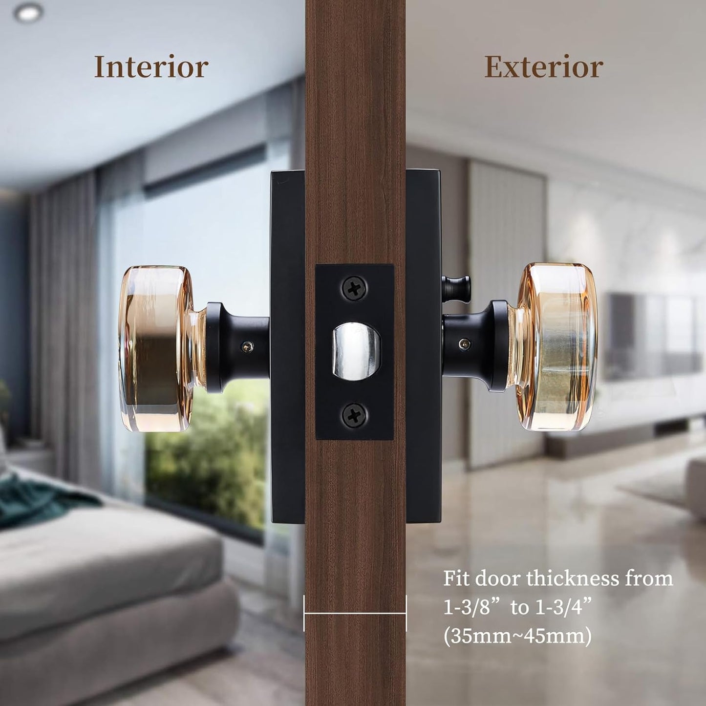 Champagne Privacy Glass Door Knob – Crystal Interior Lock with Matte Black Rectangular Rosette – Elegant Bathroom & Bedroom Door Handle for Modern or Vintage Home Décor