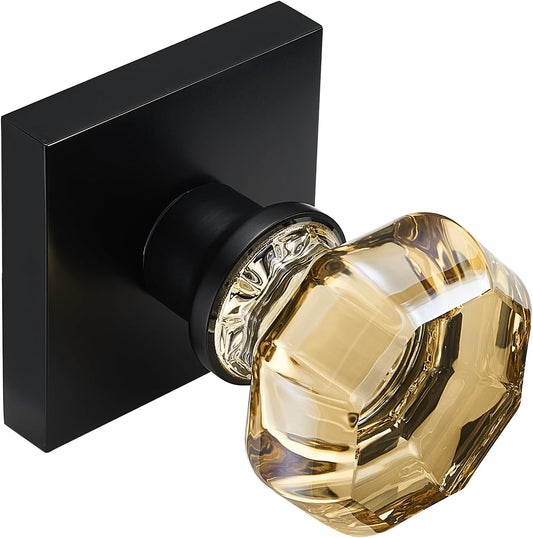 Champagne Gold Glass Passage Door Knob – Non-Locking Interior Crystal Handle with Matte Black Square Rosette – Elegant Octagonal Style for Hallway, Closet, Kids Room