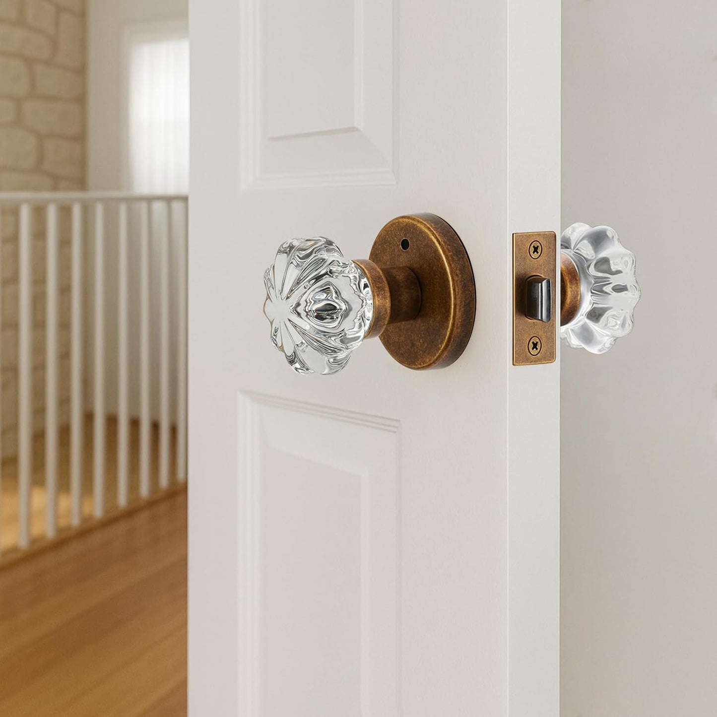 Crystal Door Knob with Lock-Aged Brass Privacy Door Handle Crystal, Glass Interior Door Knob, Vintage Gold Decorative Design - Elegant Door Hardware for Modern Home
