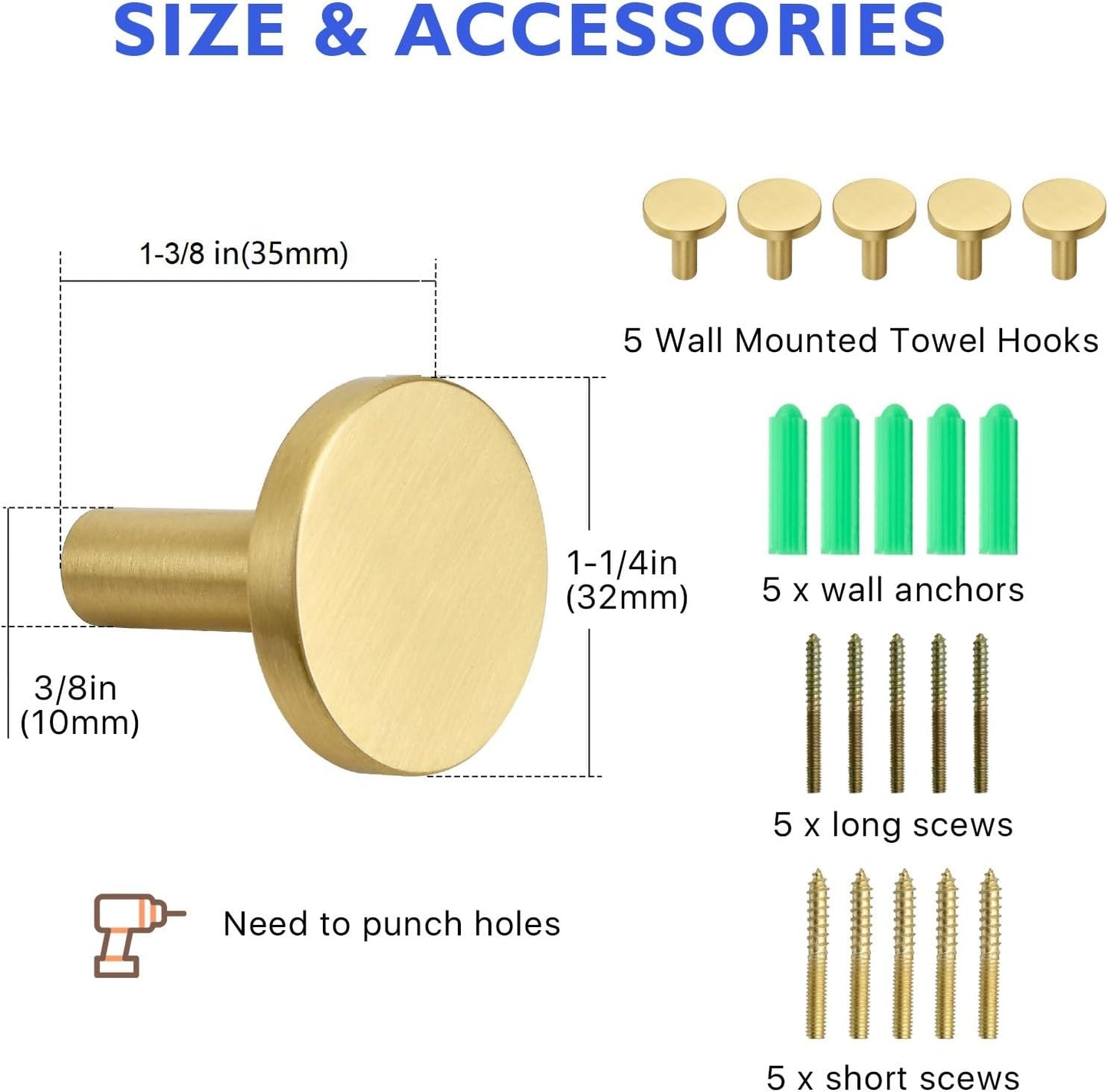 Gold Brass Coat-Hooks Wall-Mounted - 5 Pack Modern Decorative Heavy Duty Rack for Hanging Towel Hat (Style B)