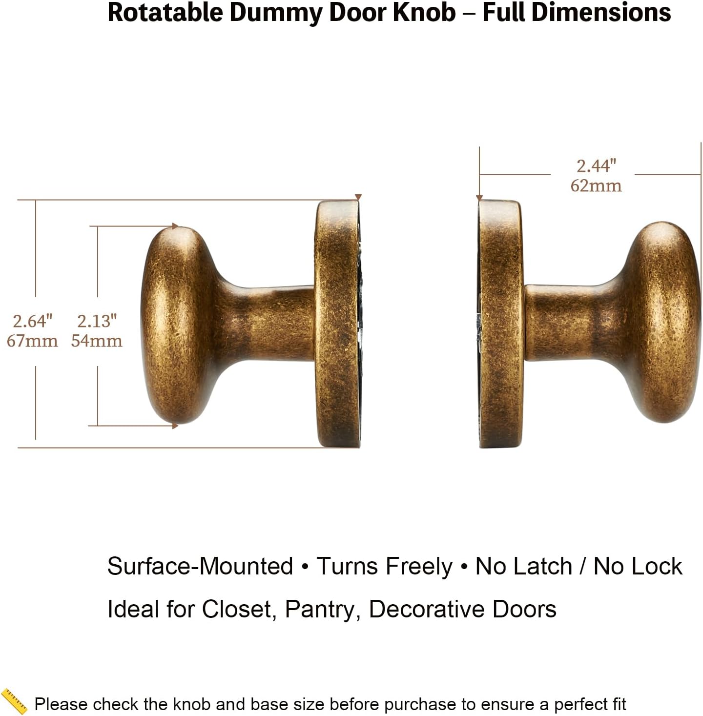 Rotating Dummy Door Knob Set – 2 Pack Antique Brass Round Decorative Knobs for Closet, Double Door, French Cabinet, Vintage Style Surface-Mount Handle with Smooth Rotation