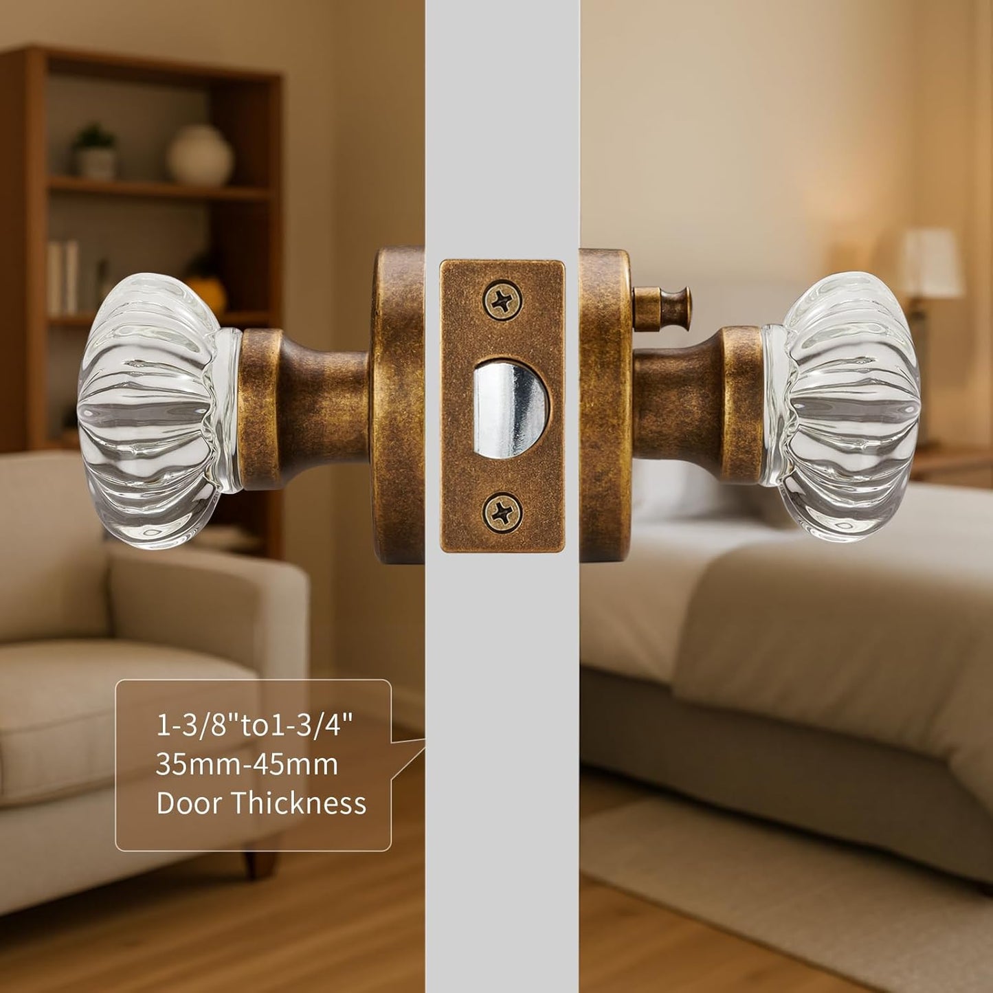 Crystal Door Knob with Lock-Aged Brass Privacy Door Handle Crystal, Glass Interior Door Knob, Vintage Gold Decorative Design - Elegant Door Hardware for Modern Home