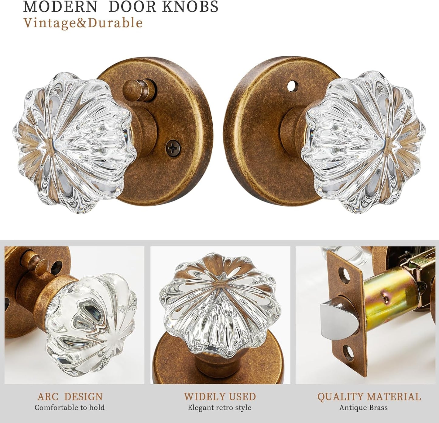 Crystal Door Knob with Lock-Aged Brass Privacy Door Handle Crystal, Glass Interior Door Knob, Vintage Gold Decorative Design - Elegant Door Hardware for Modern Home